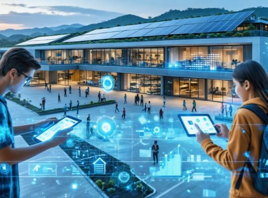 Conceptual image of students engaging with solar panel data on digital tablets at a school with solar panels and futuristic digital energy displays.