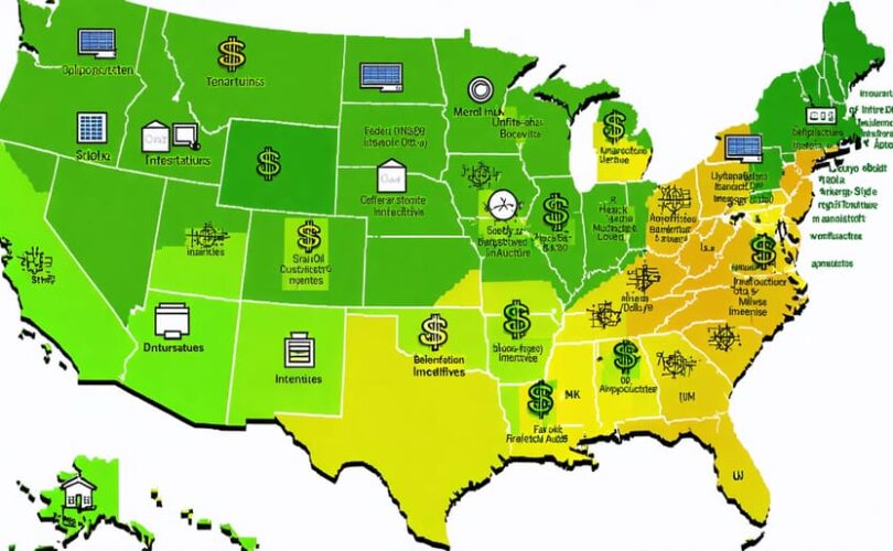 A colorful map of the United States showing zones with varying levels of solar incentives, including symbols representing federal and state incentives, manufacturing areas, and key infrastructure benefits.