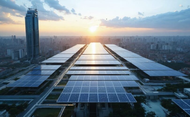 Futuristic city skyline with integrated solar panels and a rising sun, embodying the growth and promise of solar energy.