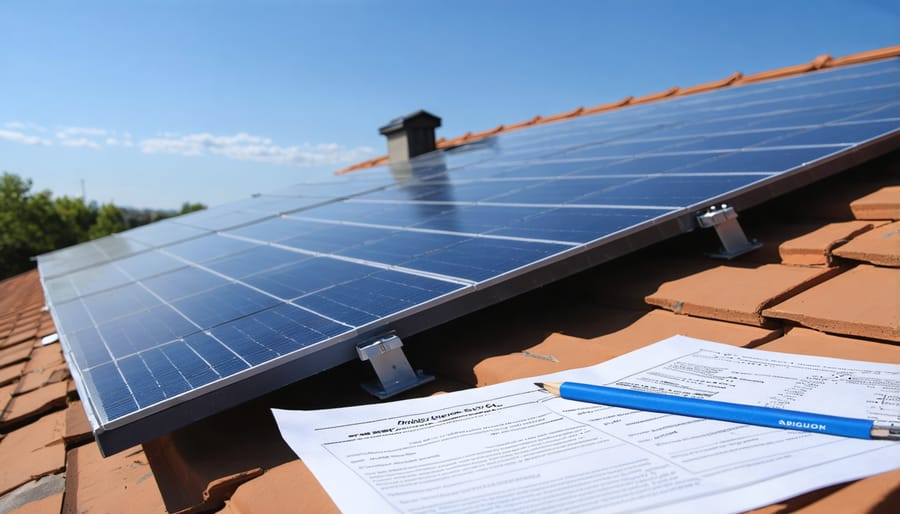 Installation of solar panels on a home with loan paperwork displayed