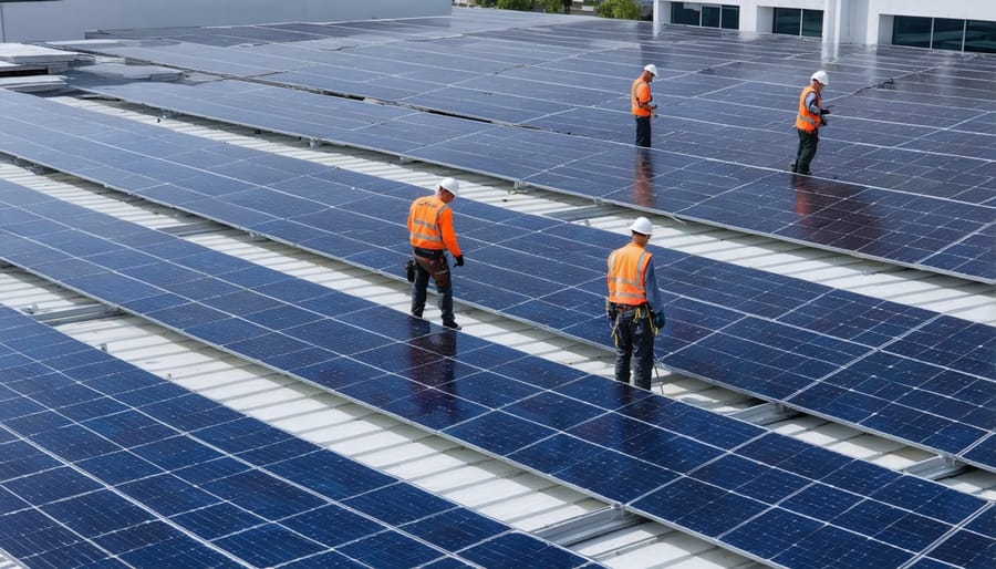 Solar installation technicians working on large-scale commercial solar panel installation