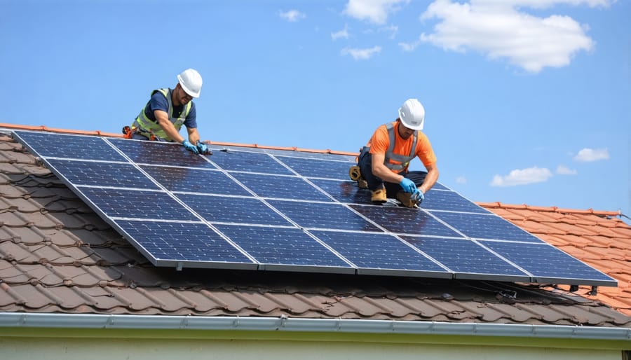 Professional solar installers mounting PV panels on residential rooftop following safety guidelines