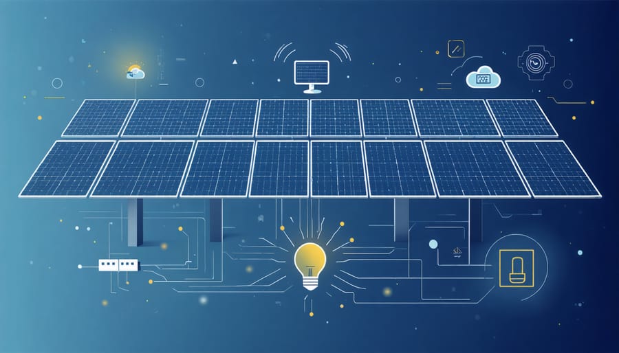 IoT sensors and smart devices monitoring a solar panel array with data streams