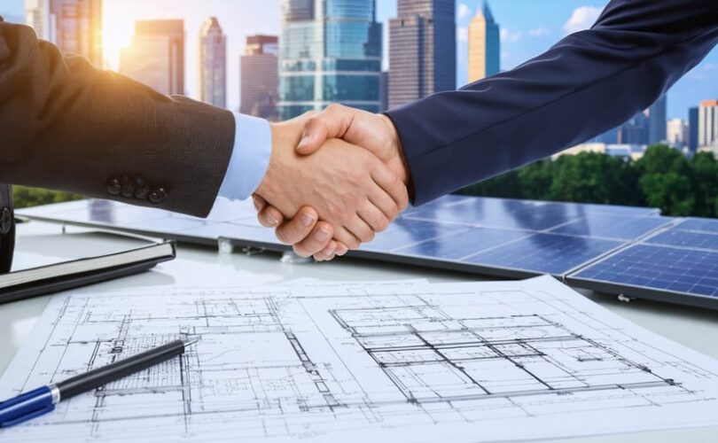 Collage depicting a city council meeting room, solar panel blueprints, and a handshake between a solar company executive and a government official, set against a city skyline with rooftop solar panels, illustrating collaboration on clean energy initiatives.