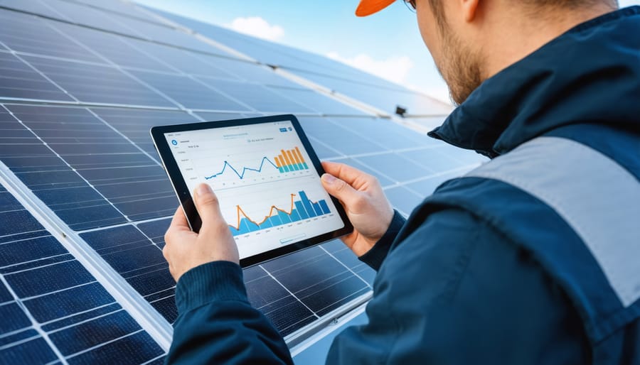 Professional solar technician conducting maintenance check with digital monitoring equipment