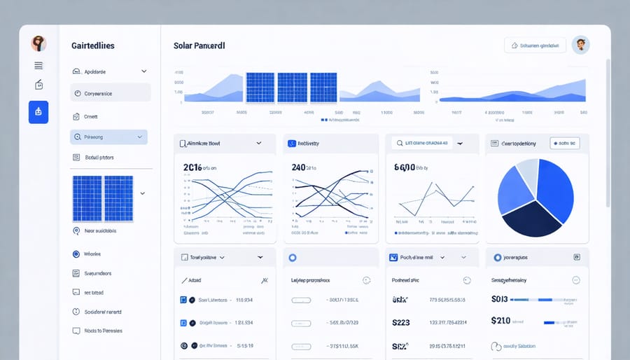 Interactive monitoring dashboard displaying solar panel performance data and lifecycle status