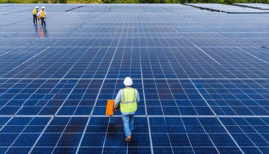 Interior of solar panel production facility with assembly lines and quality control stations
