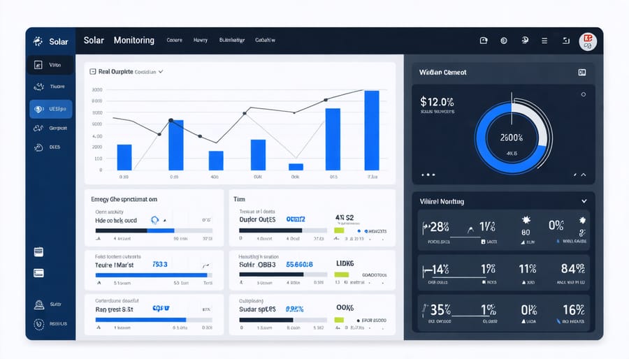 Digital dashboard interface displaying solar panel performance metrics and energy production data