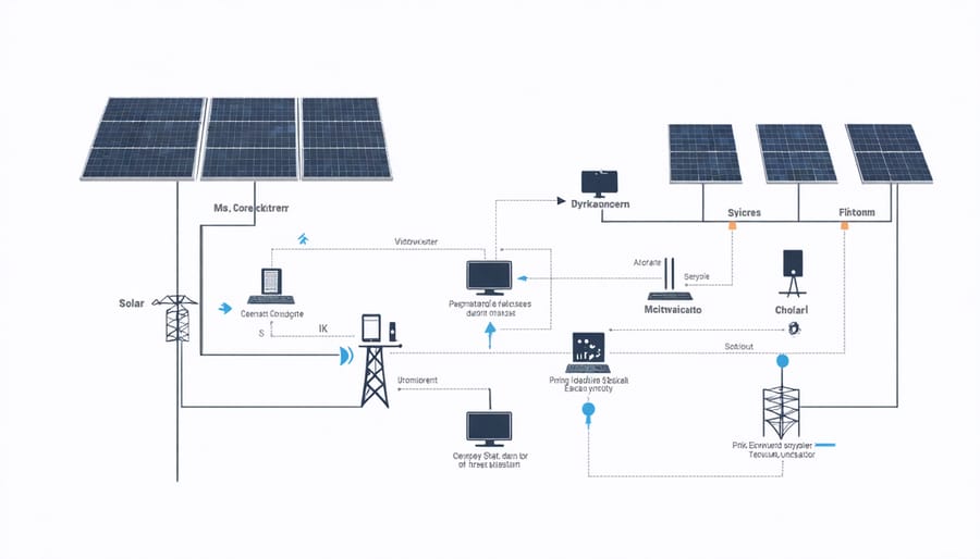Architectural diagram of a solar PV monitoring system showing sensor networks and data collection points