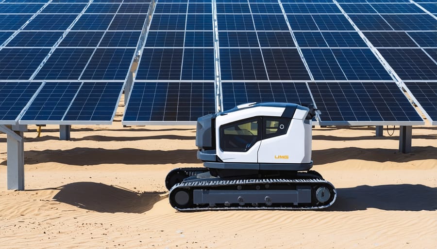 Automated solar panel cleaning robot removing sand and dust from photovoltaic array