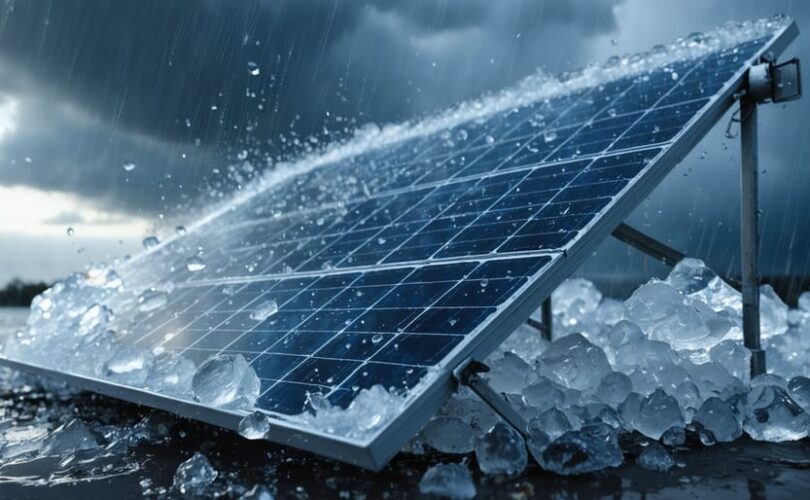 A solar panel under severe weather conditions, showing its impact-resistant construction with hail and debris, symbolizing resilience and advanced technology.