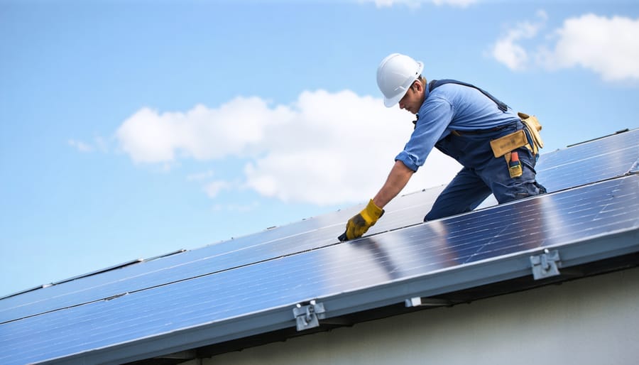 Certified technician installing solar panels on residential rooftop