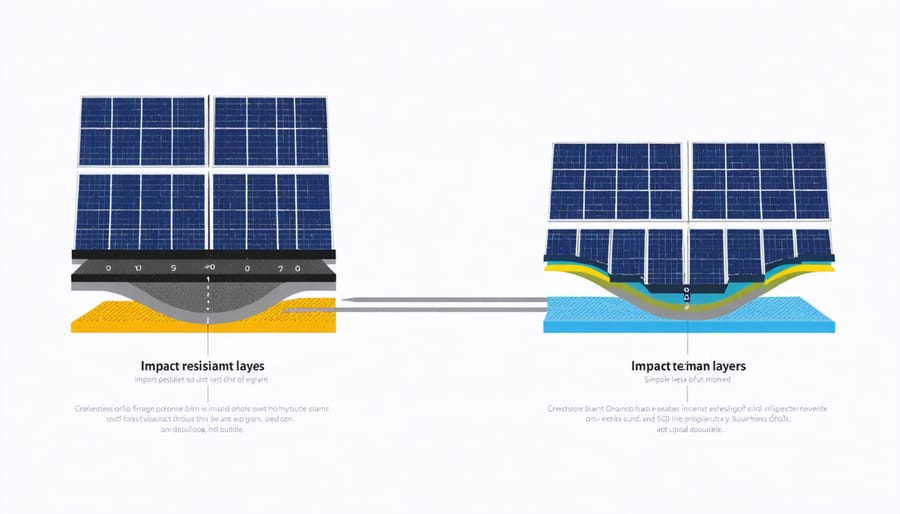 Technical illustration showing layers of tempered glass, EVA, solar cells, and backing material