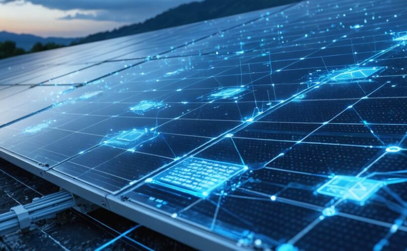 Illustration of interconnected solar panels and advanced data analytics systems optimizing solar energy management and lifecycle.