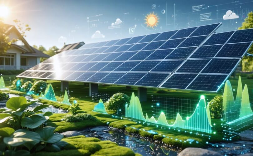 Futuristic visualization of solar panel installations highlighting longevity and efficiency with digital graphics representing technology and sustainability.