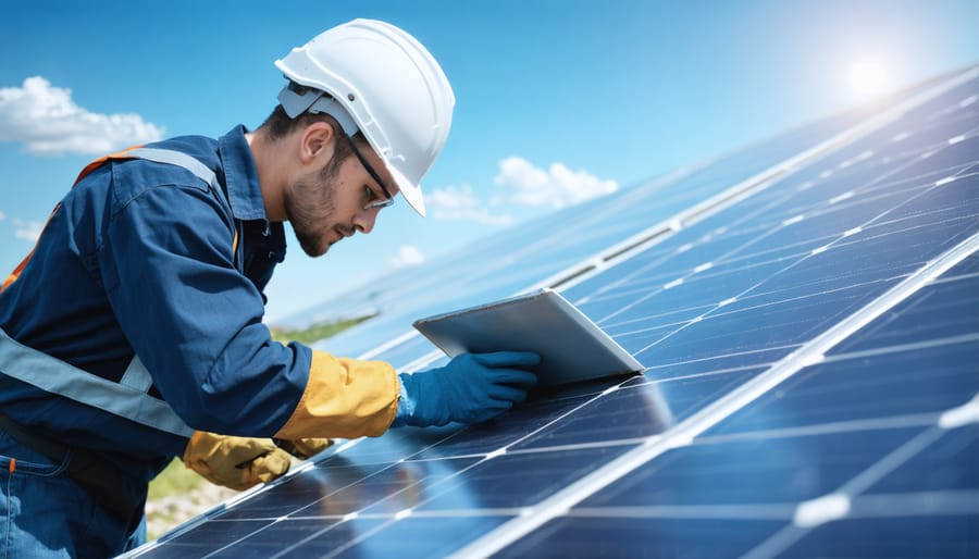 Solar panel maintenance technician using diagnostic tools on rooftop installation