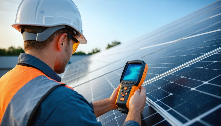 Maintenance worker conducting thermal analysis of solar panel array with diagnostic equipment