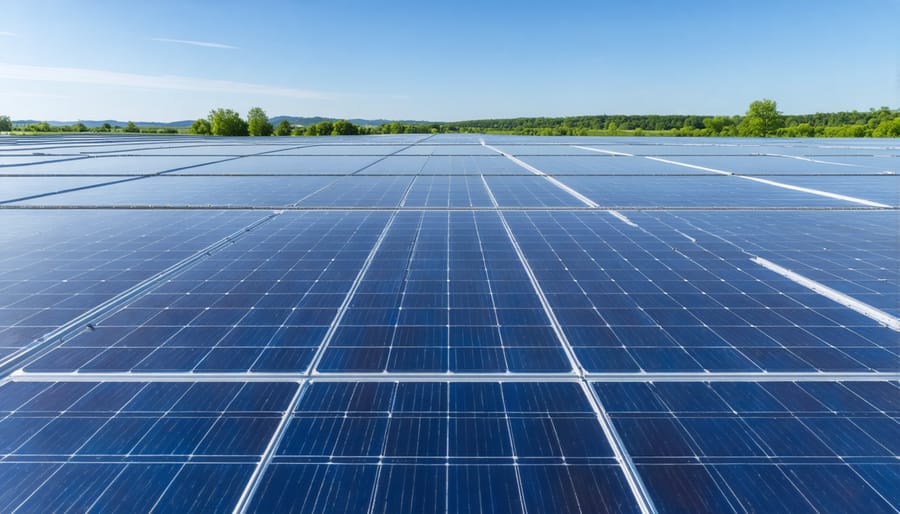 Modern solar panel production facility showing automated assembly lines and quality control stations