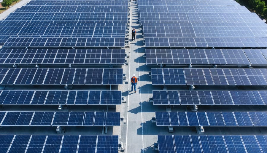 Aerial photograph of solar farm with business and government officials reviewing project plans