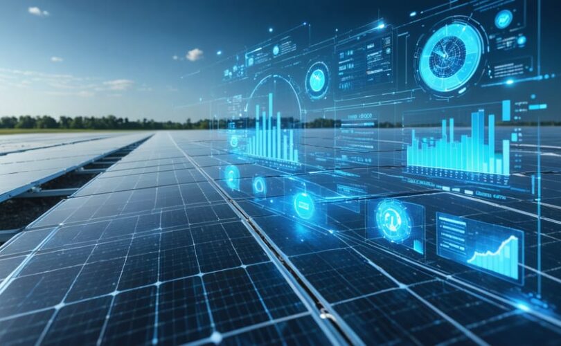 Conceptual illustration of a digital dashboard displaying real-time solar panel performance metrics over a solar farm setting, highlighting the integration of technology and renewable energy.