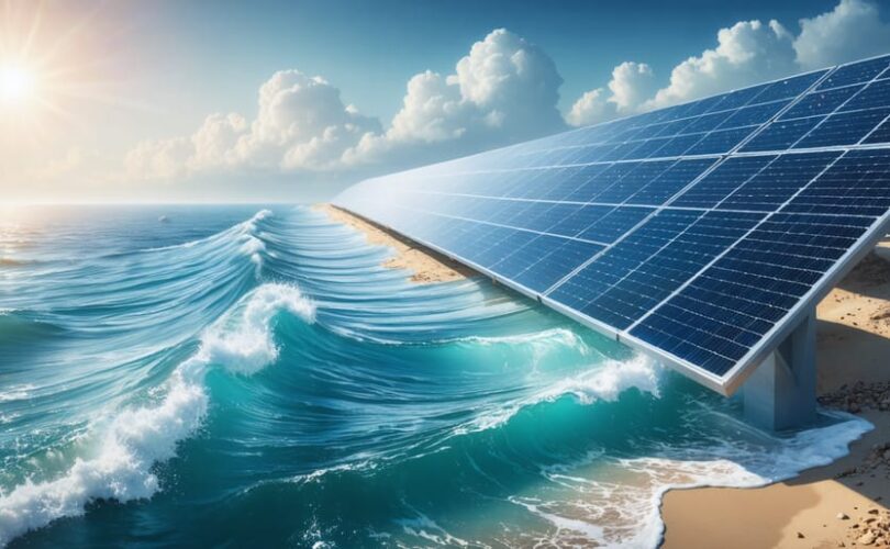 Illustration of a coastal solar desalination facility with photovoltaic panels converting seawater into fresh water, highlighting the role of solar energy in sustainable water production.