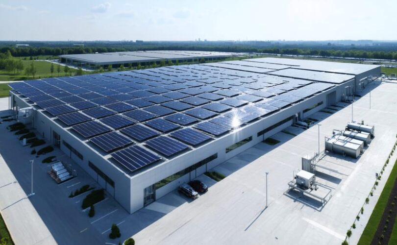 Modern industrial facility with integrated solar panels and water production units, showcasing the fusion of solar energy with water generation technology.
