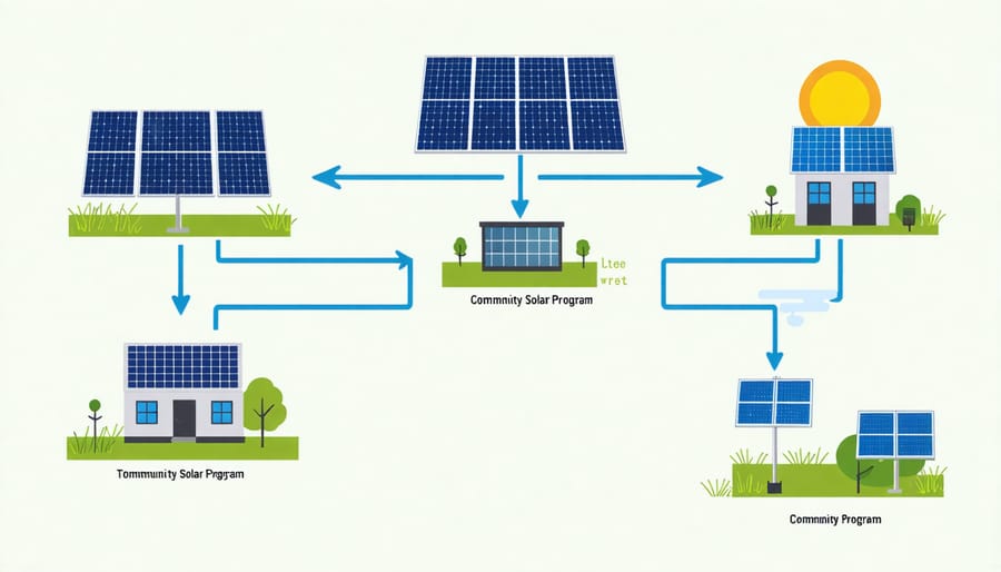 Flow diagram illustrating connections between solar panels, subscribers, utility companies, and community benefits