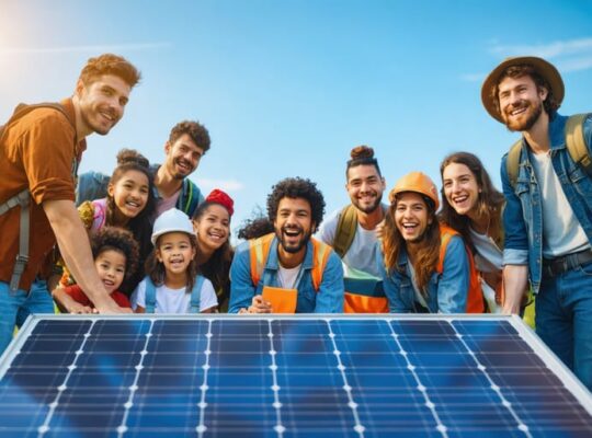Diverse group of grassroots volunteers engaging in a lively discussion about solar energy, gathered around a solar panel in a community park.