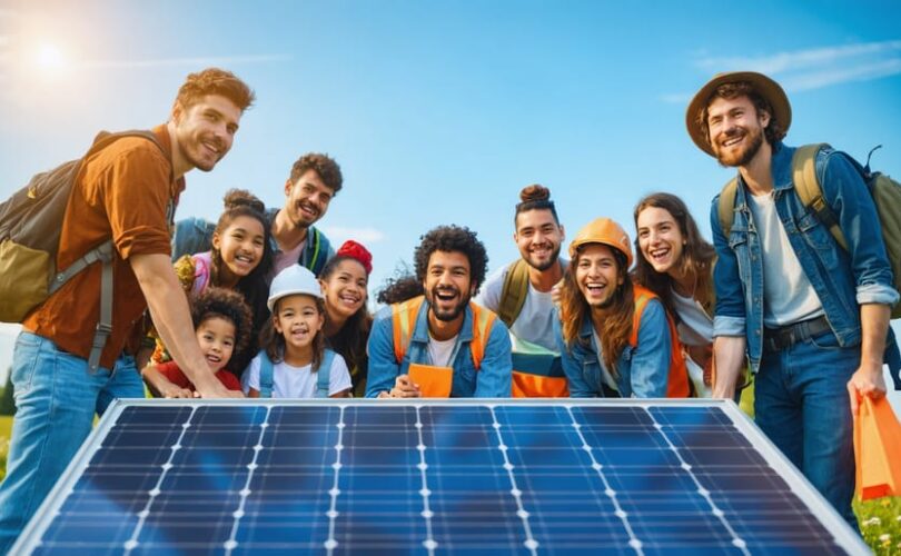 Diverse group of grassroots volunteers engaging in a lively discussion about solar energy, gathered around a solar panel in a community park.
