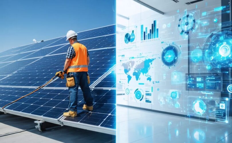 Split-screen illustration showing traditional manual solar panel inspections contrasted with a digital control room using advanced technology for solar operations.