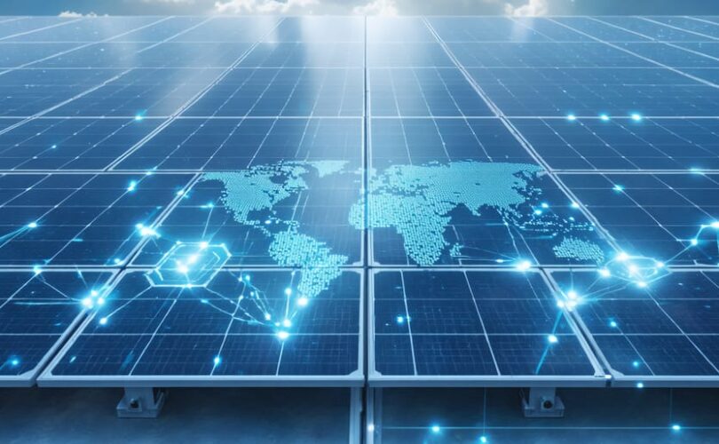 Illustration depicting the integration of solar PV systems with smart grid components, including solar panels, smart meters, communication lines, and a digital control center, demonstrating the modern energy distribution network.
