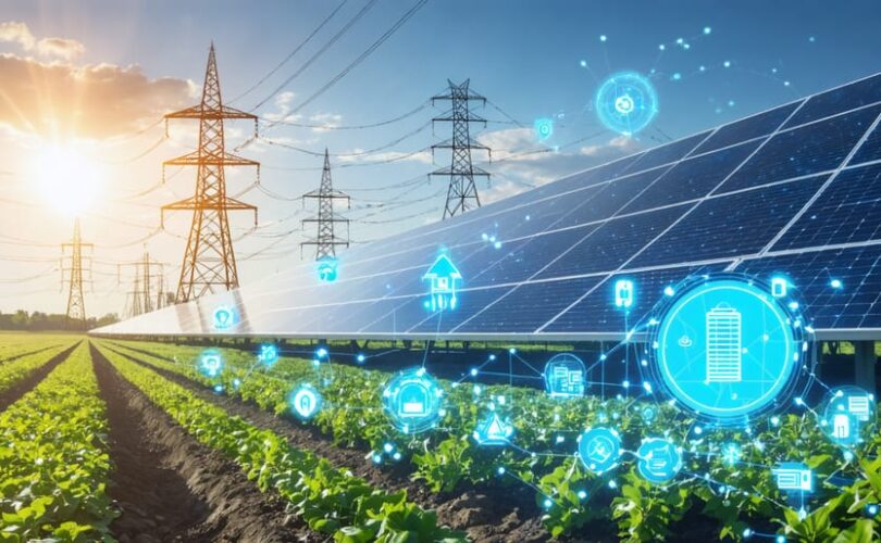Conceptual illustration of a solar photovoltaic transmission system featuring solar panels, inverters, transmission lines, and smart grid integration, highlighting the transformation and delivery of solar energy.