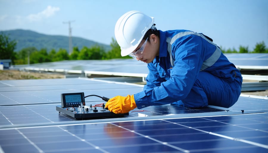Laboratory technician performing quality tests on finished solar panels