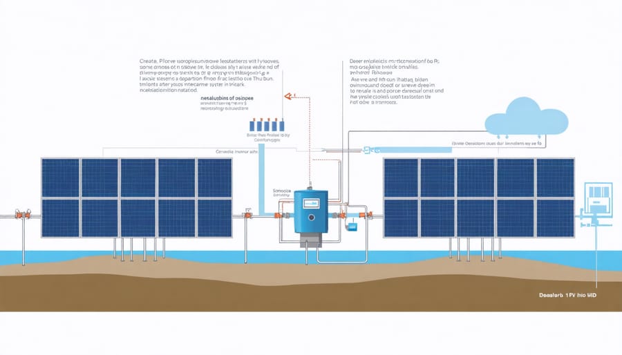 Technical illustration of solar panels connected to reverse osmosis desalination equipment with labeled components