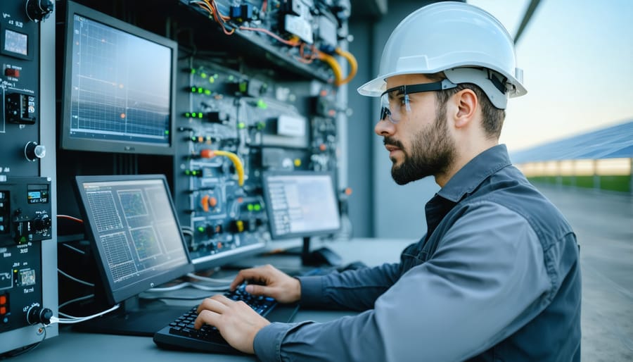 Cybersecurity specialist working at renewable energy monitoring station