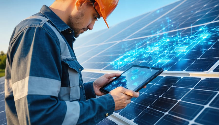 Maintenance technician reviewing solar panel sensor data on mobile device