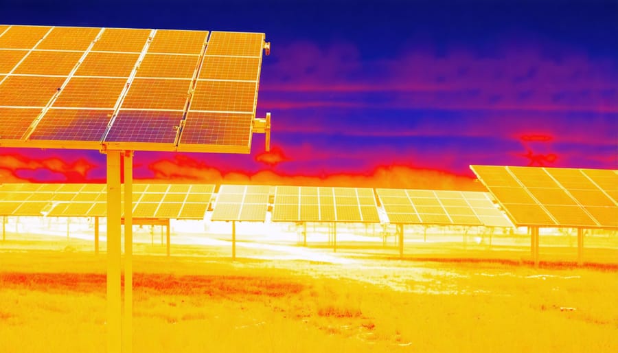 Infrared thermal image showing temperature variations across solar panels