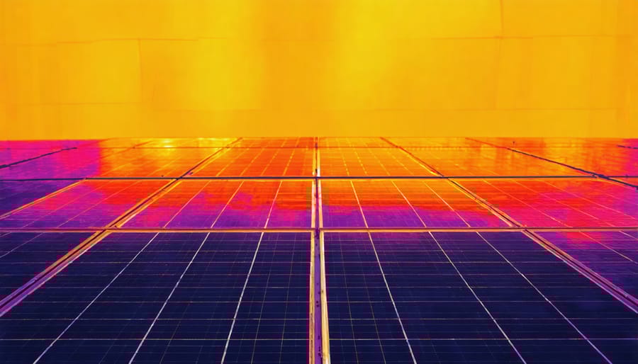 Thermal imaging scan of solar panels with color-coded temperature differences highlighting potential issues