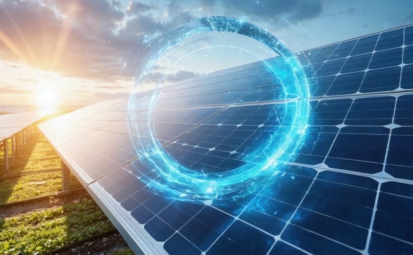 Conceptual image of solar panels with symbolic elements of wind, sun, and water overlaid with the interconnected components of the Vulnerability Stress Adaptation (VSA) model, highlighting adaptation strategies in renewable energy systems.