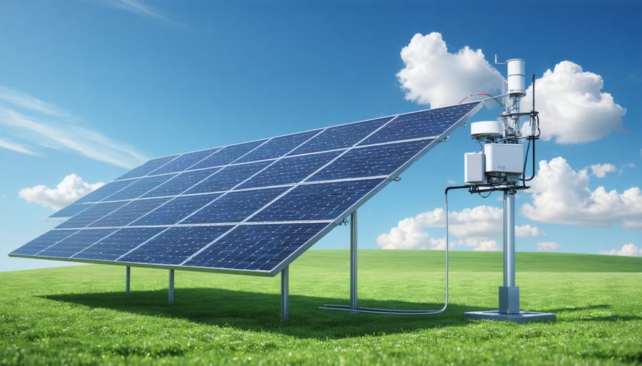 Weather monitoring equipment with sensors adjacent to solar array in desert setting