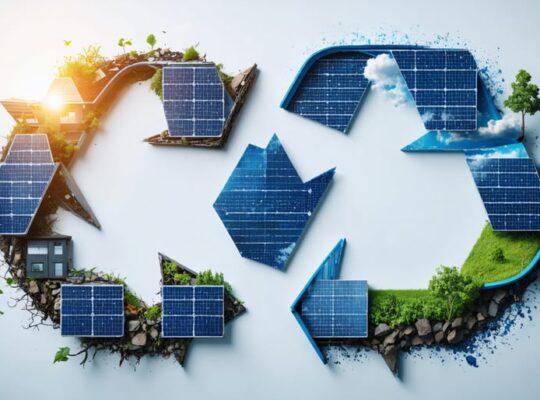 Conceptual illustration of the solar panel recycling process, highlighting a circular economy with interconnected loops representing different recycling technologies and sustainable resource recovery.