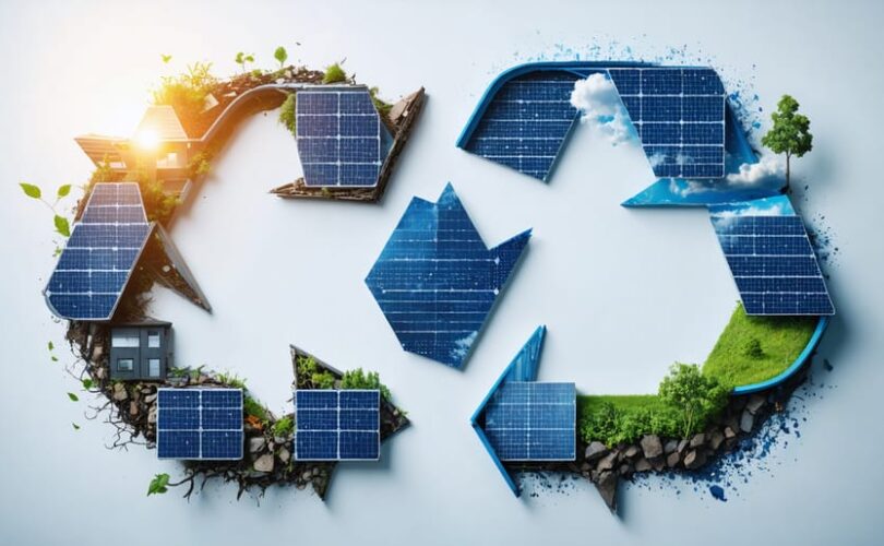 Conceptual illustration of the solar panel recycling process, highlighting a circular economy with interconnected loops representing different recycling technologies and sustainable resource recovery.