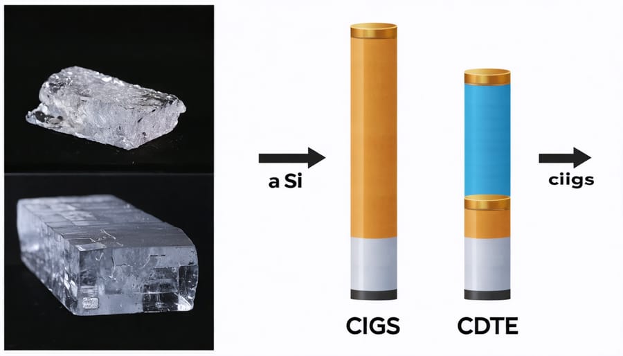 Side-by-side comparison of three different thin-film solar materials with distinct colors and textures