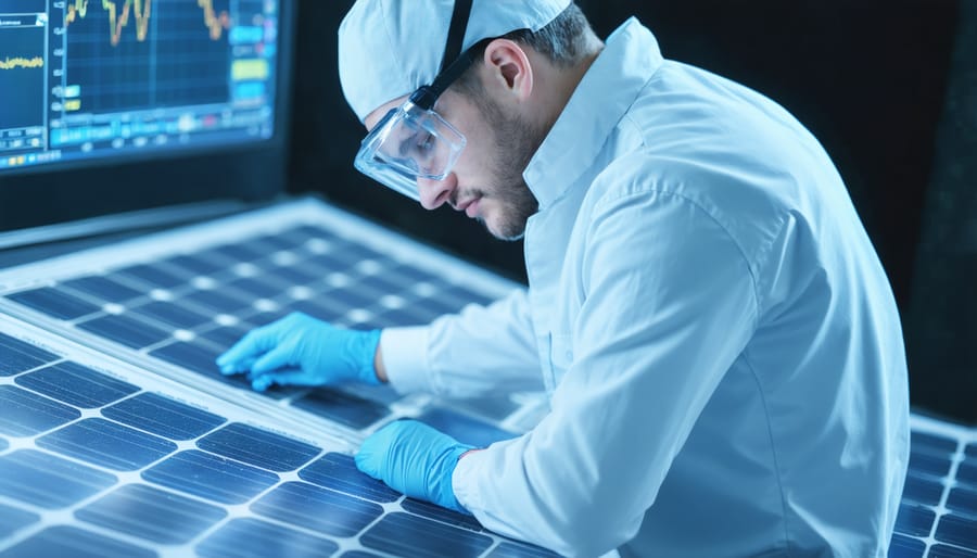 Laboratory technician operating specialized testing equipment for thin-film solar panel quality control