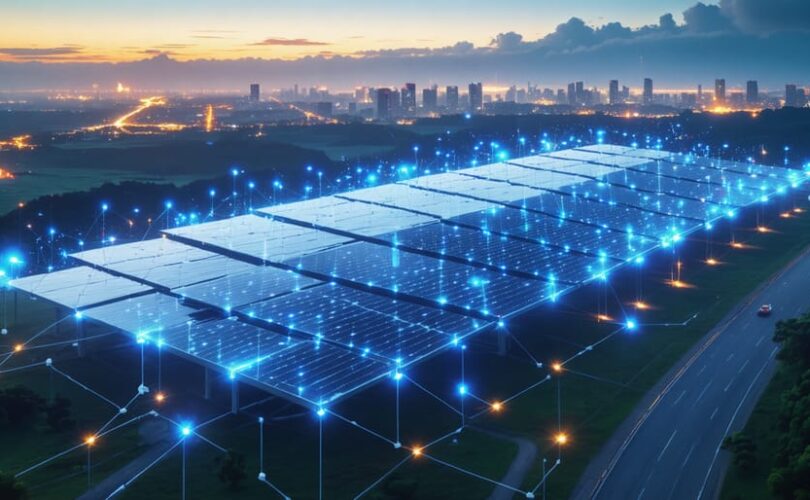 A futuristic solar panel divided into digital tokens connected by blockchain nodes, depicting tokenized solar investments in renewable energy.