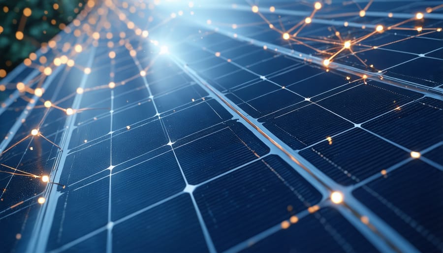 Visual representation of a solar panel broken into digital tokens connected by blockchain network