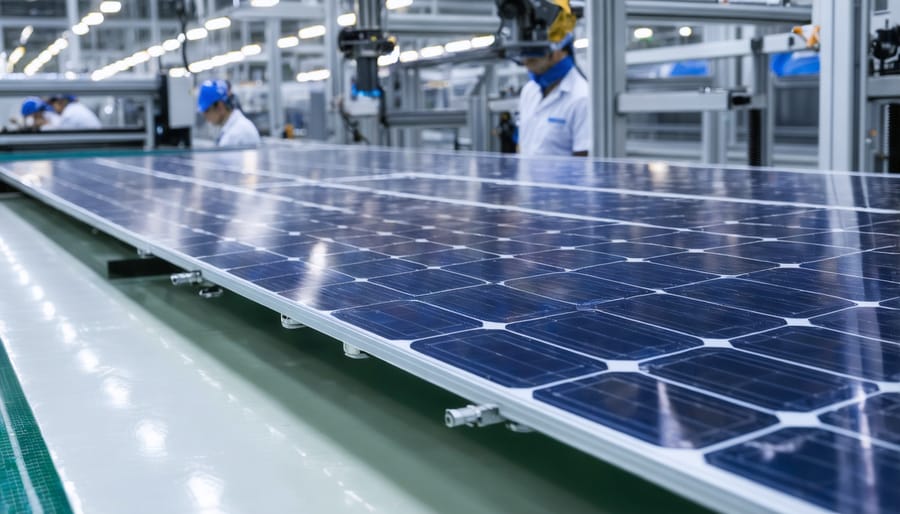 Industrial production line showing the manufacturing of TOPCon solar cells with specialized equipment