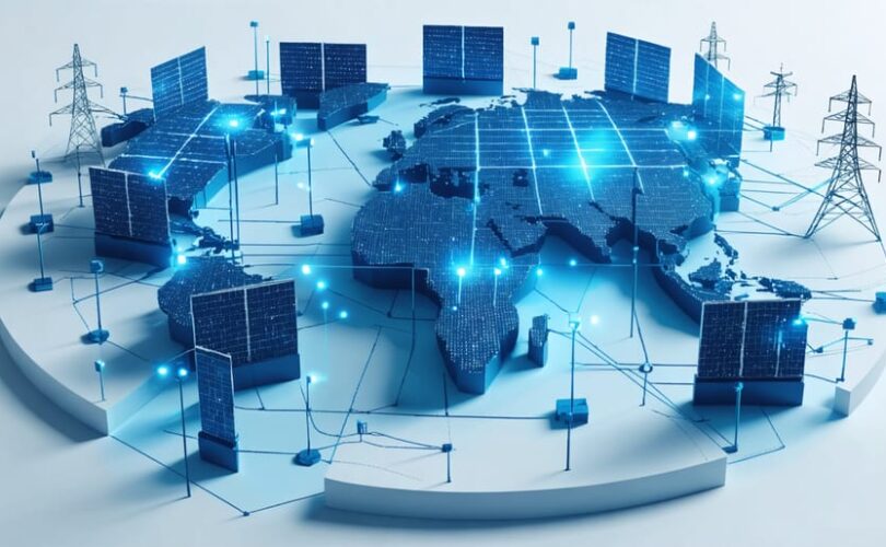 Conceptual illustration of a global network of solar panels and smart grids, symbolizing international collaboration and photovoltaic innovation.