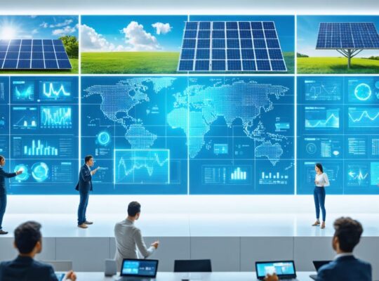 A vibrant digital platform screen with interactive solar panel simulations, global discussions, webinars, and diverse professionals collaborating, showcasing the transformation of PV education through digital platforms.