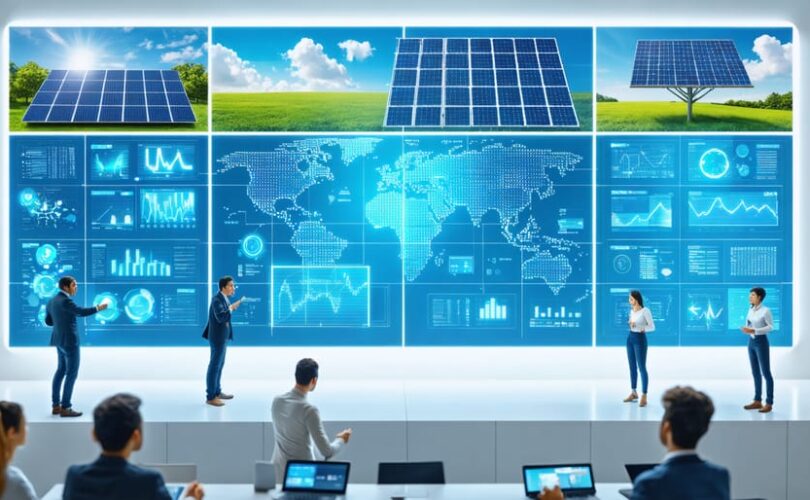 A vibrant digital platform screen with interactive solar panel simulations, global discussions, webinars, and diverse professionals collaborating, showcasing the transformation of PV education through digital platforms.